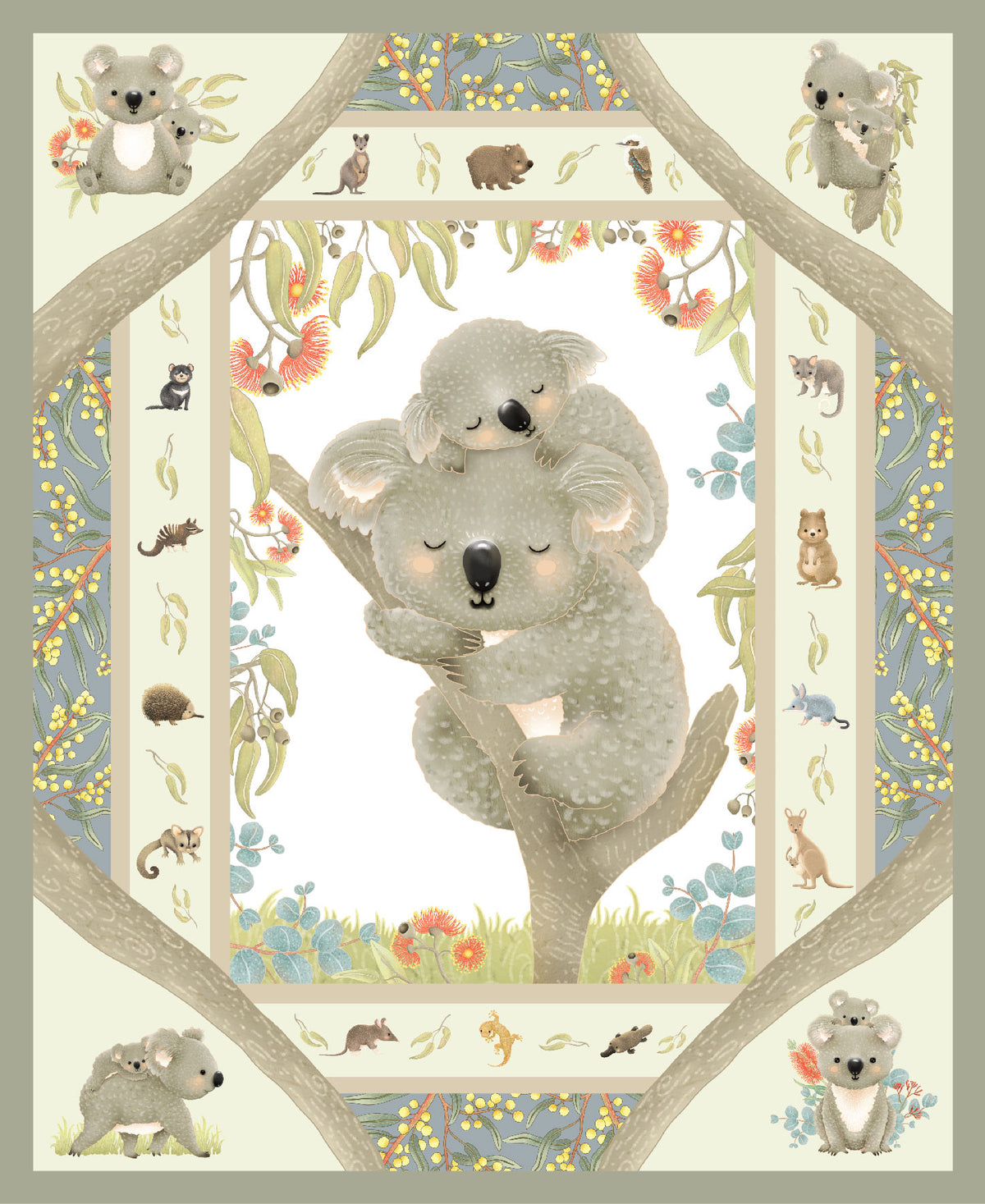 Australian Koala and Joey - Jen Digital Art Devonstone Cotton Fabric Panel