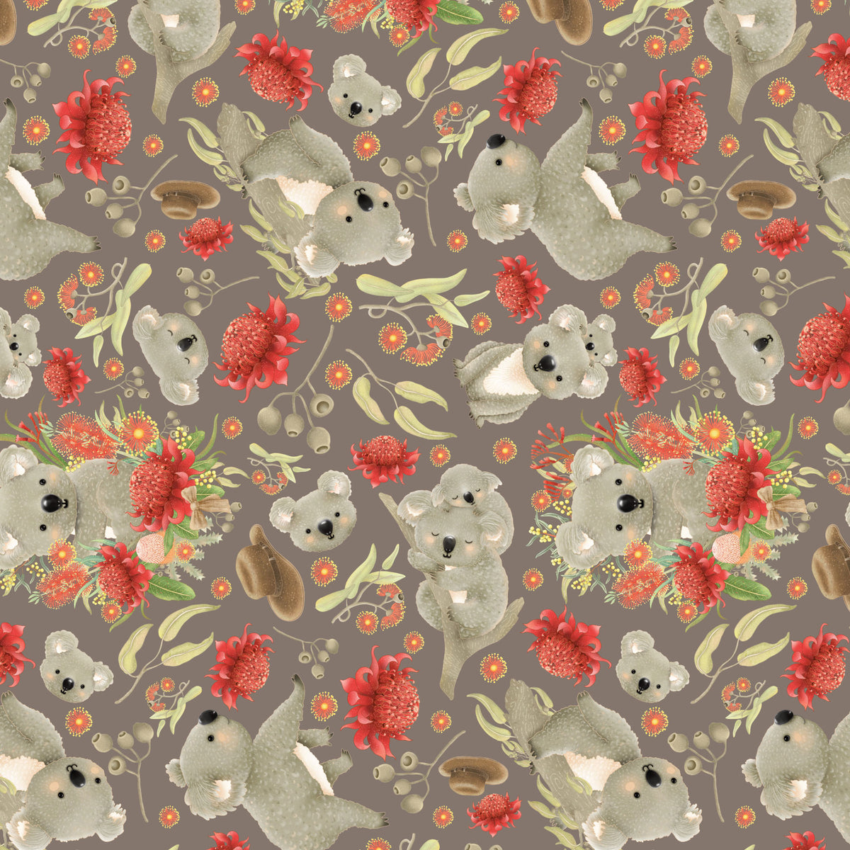 Jen Digital Art - Koalas Joeys Australia Wildflowers (grey)