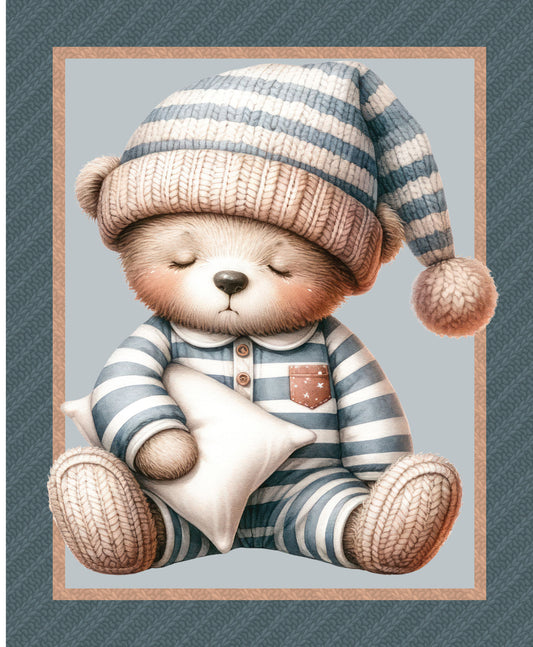 Bed Buds Sleepy Big Teddy Bear Cotton Quilting Fabric Panel