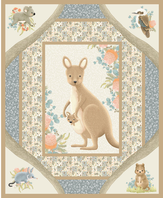 Australian Kangaroo and Joey - Jen Digital Art Devonstone Cotton Fabric Panel